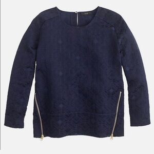 J.Crew Matelasse Side Zip Top Vivid Ink Navy Blue Jacquard Geometric Embossed